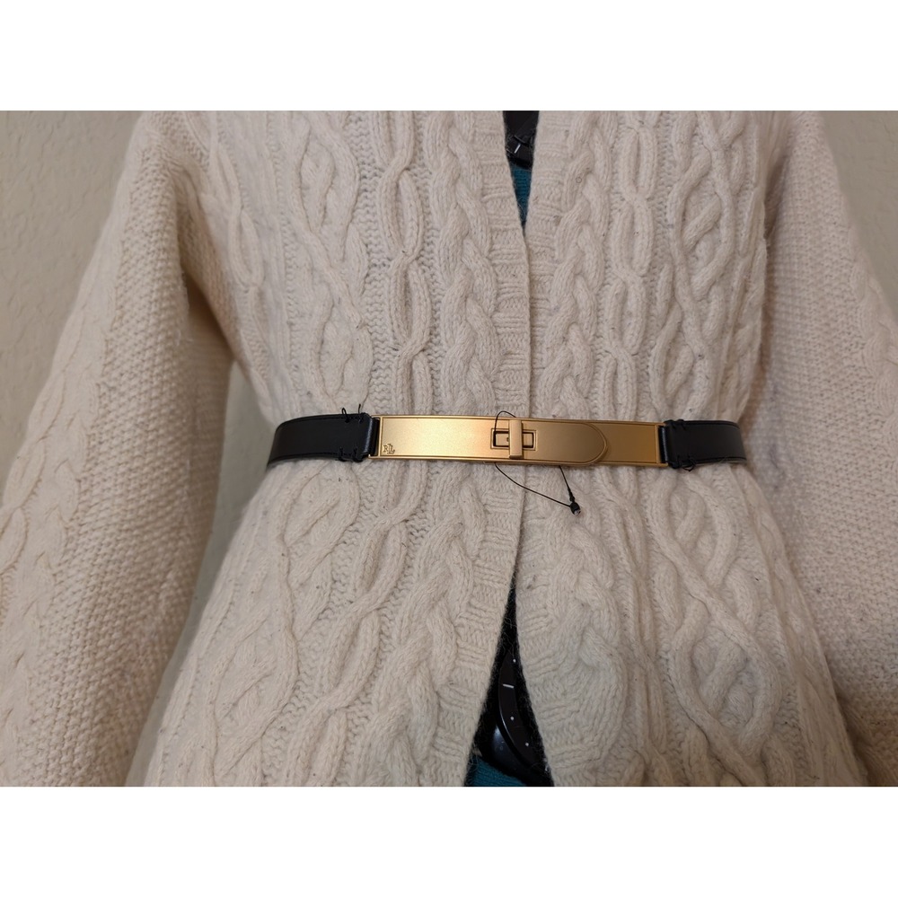 Lauren Ralph Lauren Black Leather Skinny Waist Belt Gold Turnlock 3X 412873120